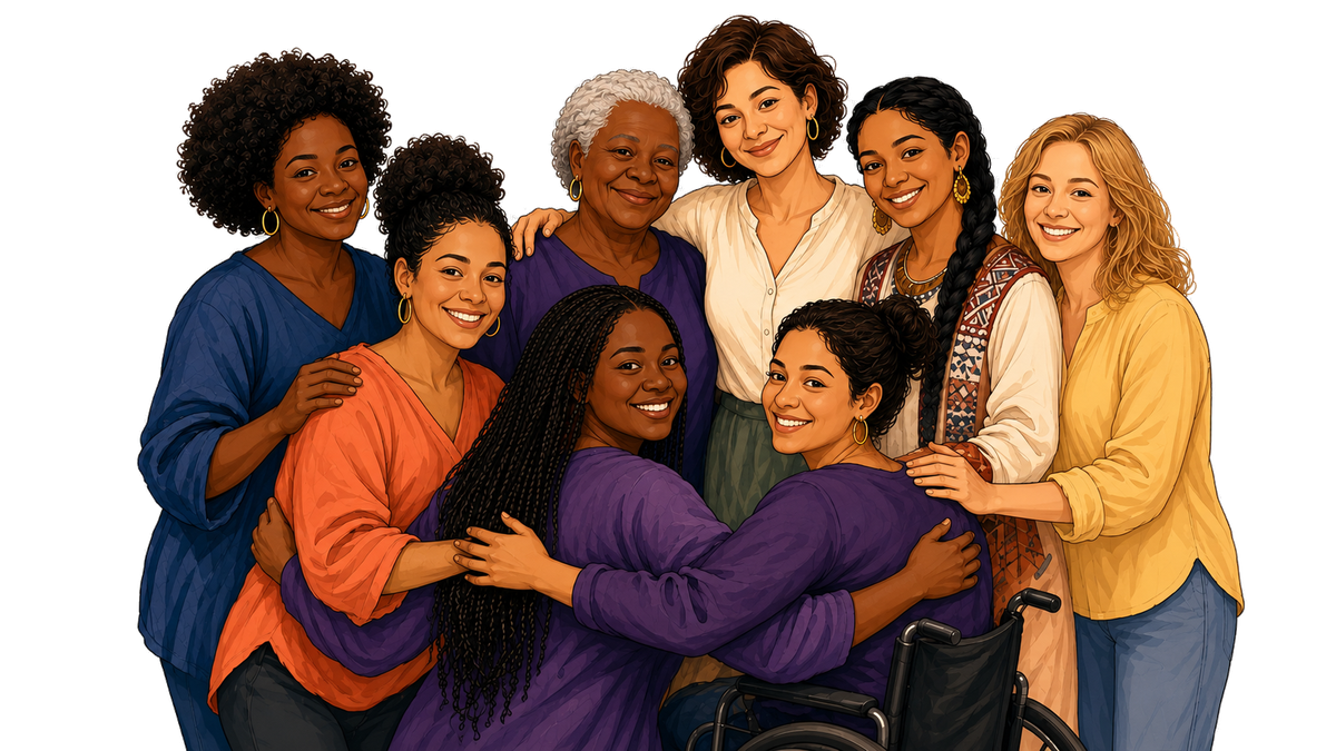 Ilustração de um grupo diverso de mulheres — de diferentes idades, etnias e uma mulher cadeirante — abraçadas e sorrindo.