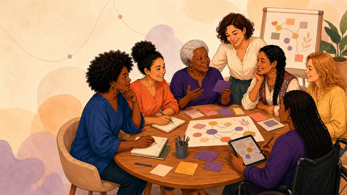 Ilustração de mulheres diversas reunidas ao redor de uma mesa, conversando e trabalhando juntas com cadernos, um tablet e um diagrama — entre elas uma senhora idosa e uma mulher cadeirante.