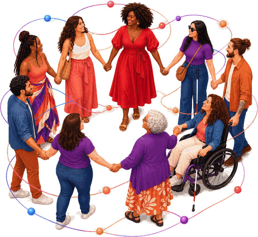 Roda de pessoas de mãos dadas — mulheres e homens de diferentes idades, etnias e corpos, entre eles uma mulher cadeirante e uma mulher com bengala de deficiência visual — conectados por linhas coloridas.